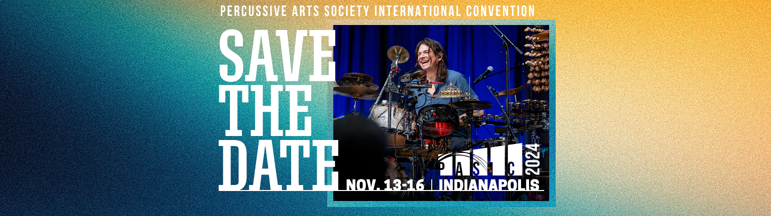 Save the date for PASIC 2024 in Indianapolis from November 13-16. This image features Glenn Kotche from last year's PASIC.
