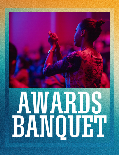 Image of woman clapping with words "Awards Banquet"