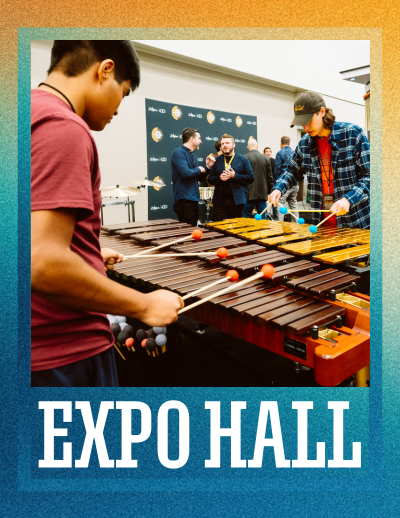 Image of men playing marimba with the words "Expo Hall"