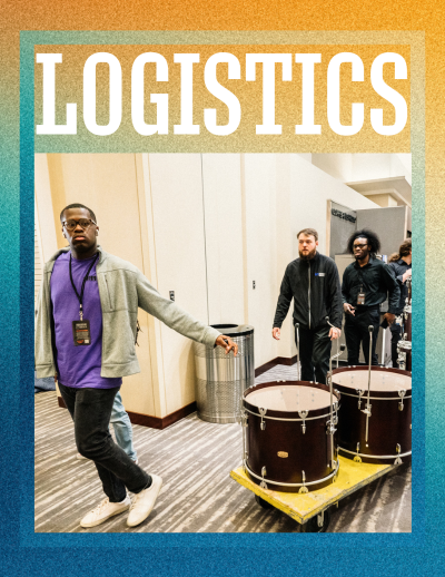 Image of man moving drumset with words "Logistics"