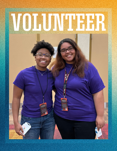 Image of two smiling people, with the word "Volunteer"