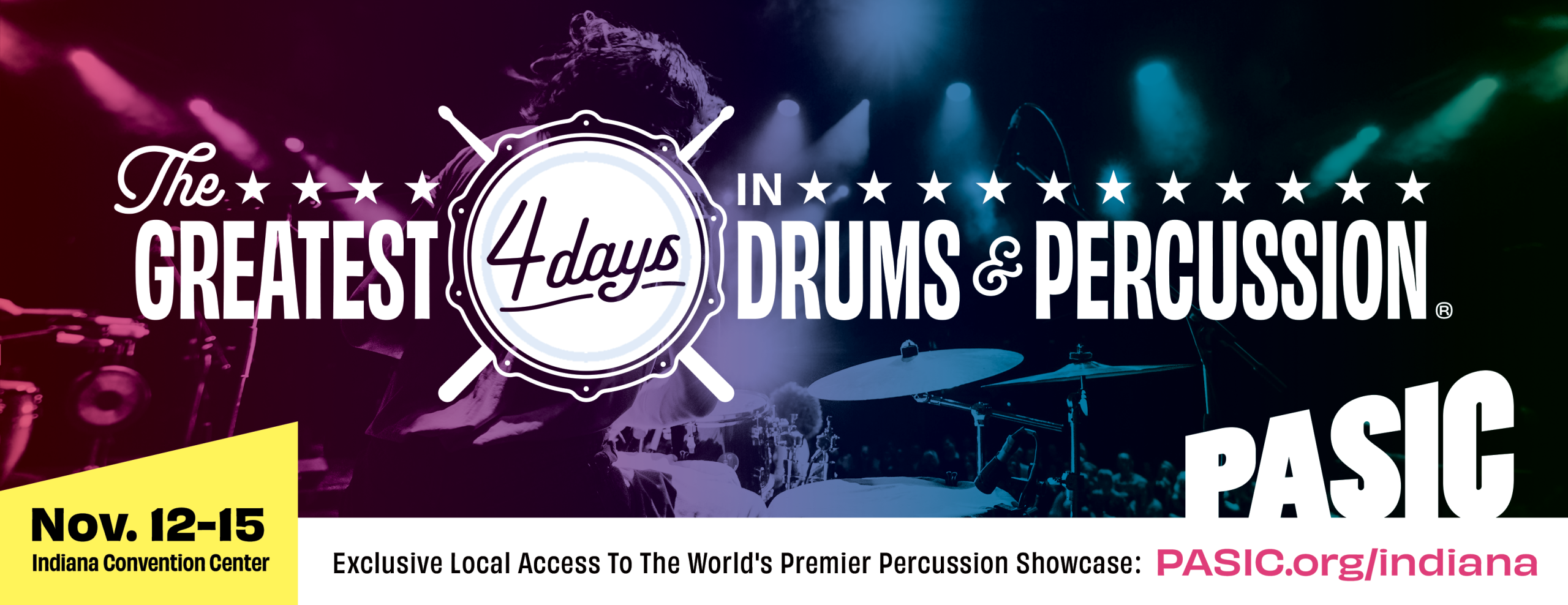 Page header image featuring a drummer in the background with the words The Greatest 4 Days in Drums & Percussion