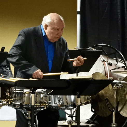 Alan Abel playing snare drum during the Symphonic Emeritus Percussion Ensemble performance at PASIC 2019.