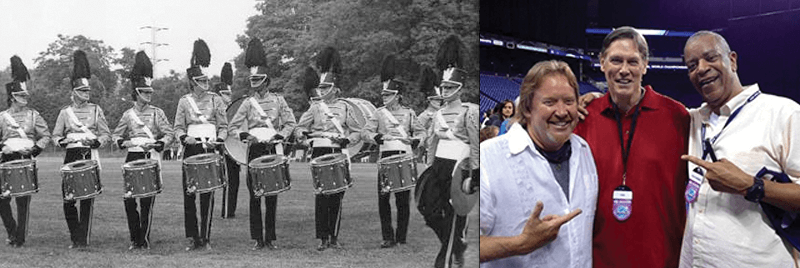 Left: Tom Float (4th from left) marching in the Anaheim Kingsmen snare line in 1972. Photo courtesy of Ralph Hardimon
Right: Scott Johnson, Tom Float, and Ralph Hardimon at a DCI Championship. Photo courtesy of Ralph Hardimon