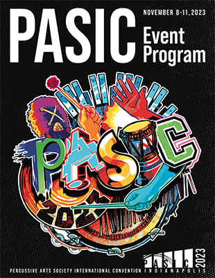 Cover of PASIC 2023 program with black background and custom colorful art of the word PASIC.