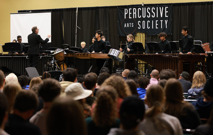 Members of a youth percussion ensemble perform. 