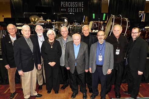 Alan Abel (sixth from left) during his last PASIC performance on November 14, 2019. He was joined by the rest of the “Symphonic Emeritus” percussion section: (L-R) John Beck, Bill Cahn, Bill Wiggins, Ruth Cahn, Tom Akins, Tony Cirone, Peter Kogan, Frank Epstein, under the direction of Phil O’Banion.