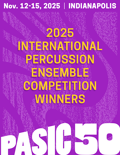 Purple background with the words 2025 International Percussion Ensemble Competition Winners and PASIC50 logo