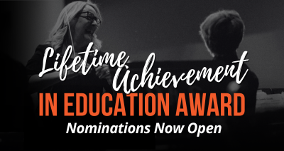 The words Lifetime Achievement in Education Award - Nominations Now open over photo of female percussion educator