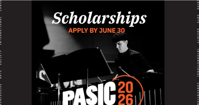 Student plays a marimba with the words Scholarships - Apply by June 30 and the PASIC 2026 logo