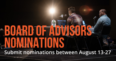 Text Board of Advisors Nominations over photo of men speaking at a past PASIC